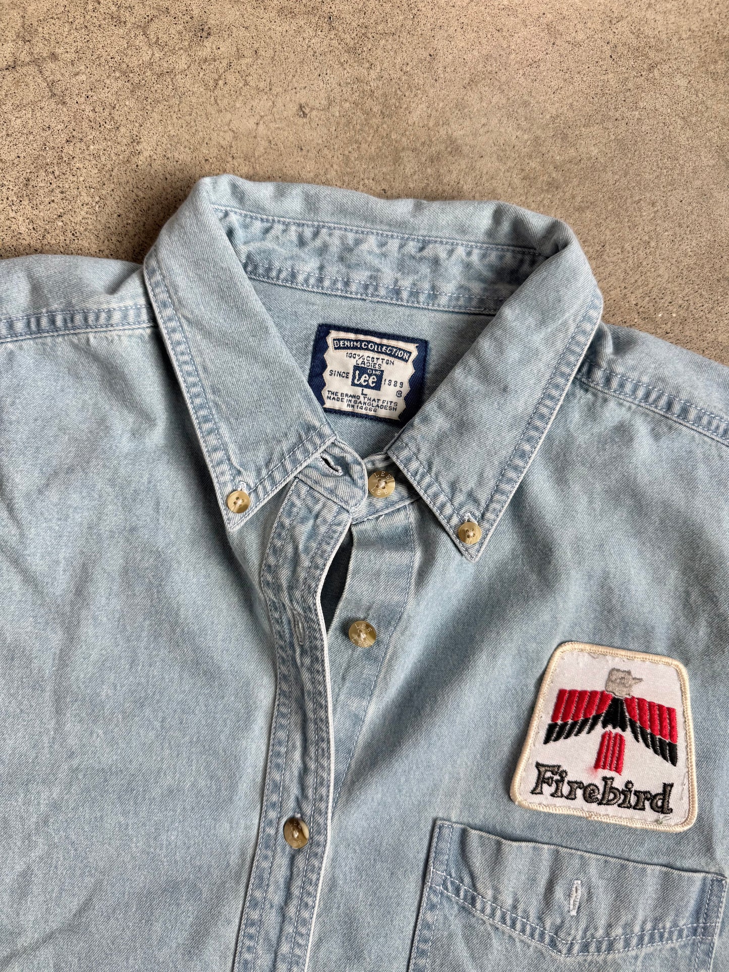 Vintage 1990s Lee Light Wash Denim Shirt w/ Firebird Patch | Large