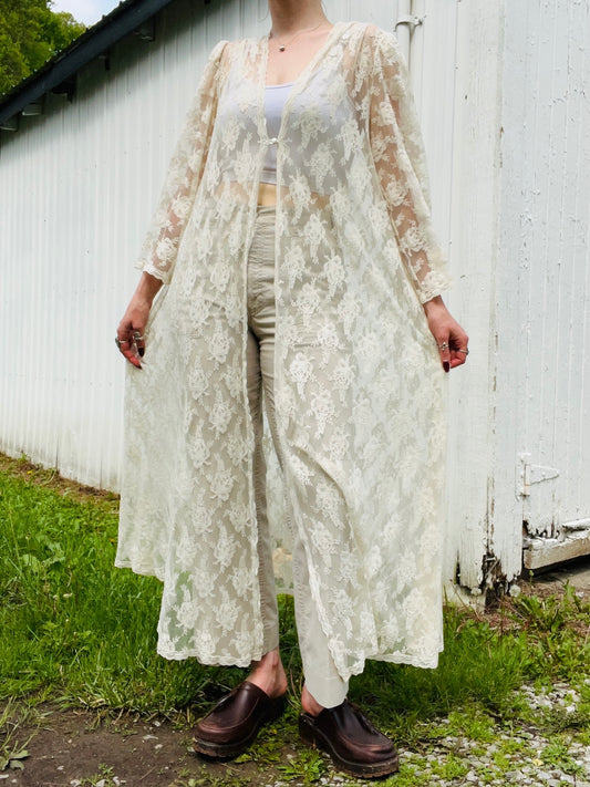 Vintage 1970s Lucie Ann Beverly Hills Cream Floral Lace Duster | Large