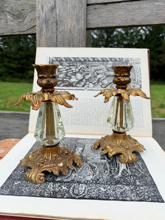 Vintage 1970s Loevsky & Loevsky Ornate Brass & Glass Candlestick Holders | Set of 2