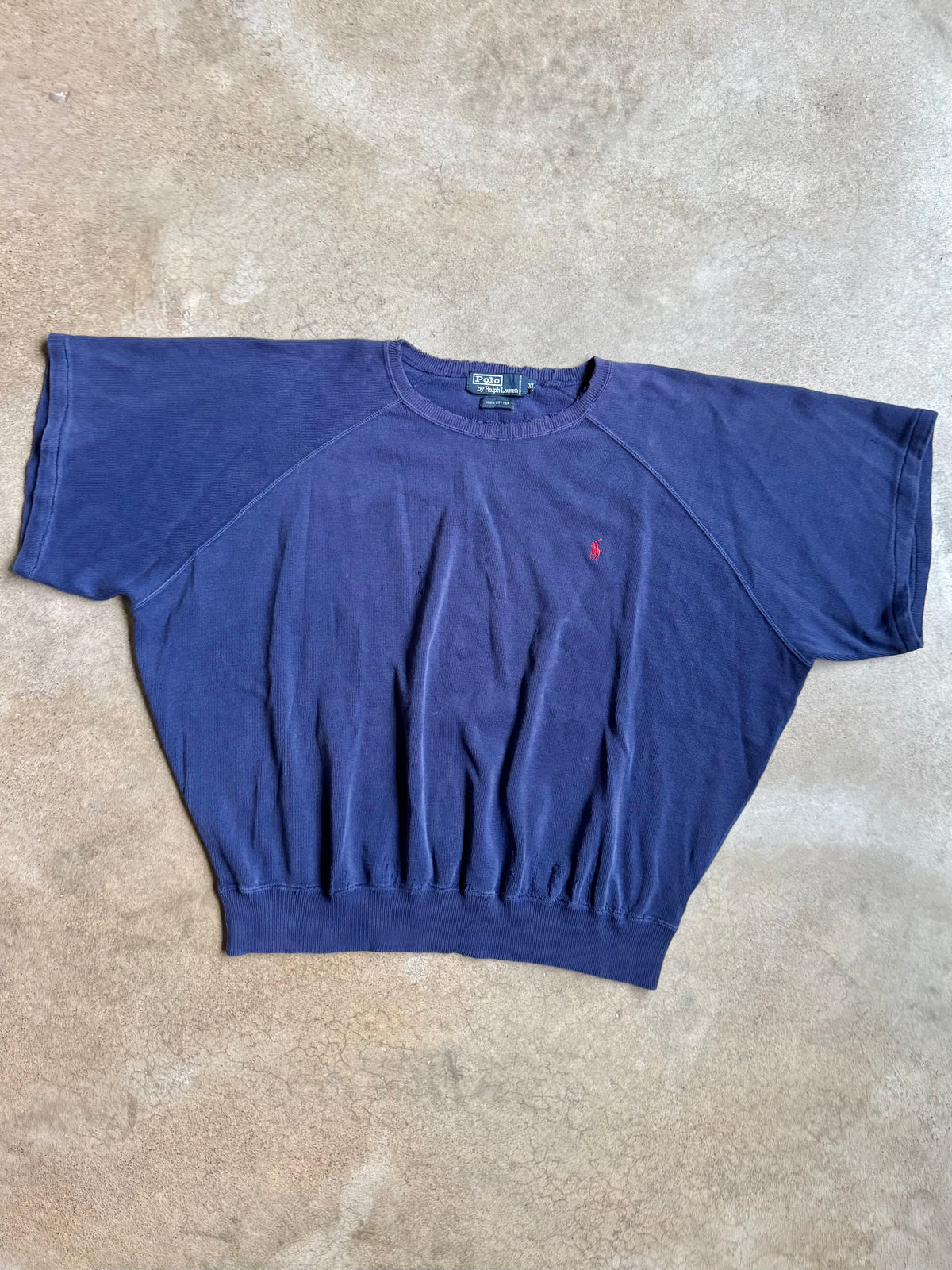 Vintage 1990s Polo Ralph Lauren Distressed Navy Short Sleeve Sweatshirt | XL