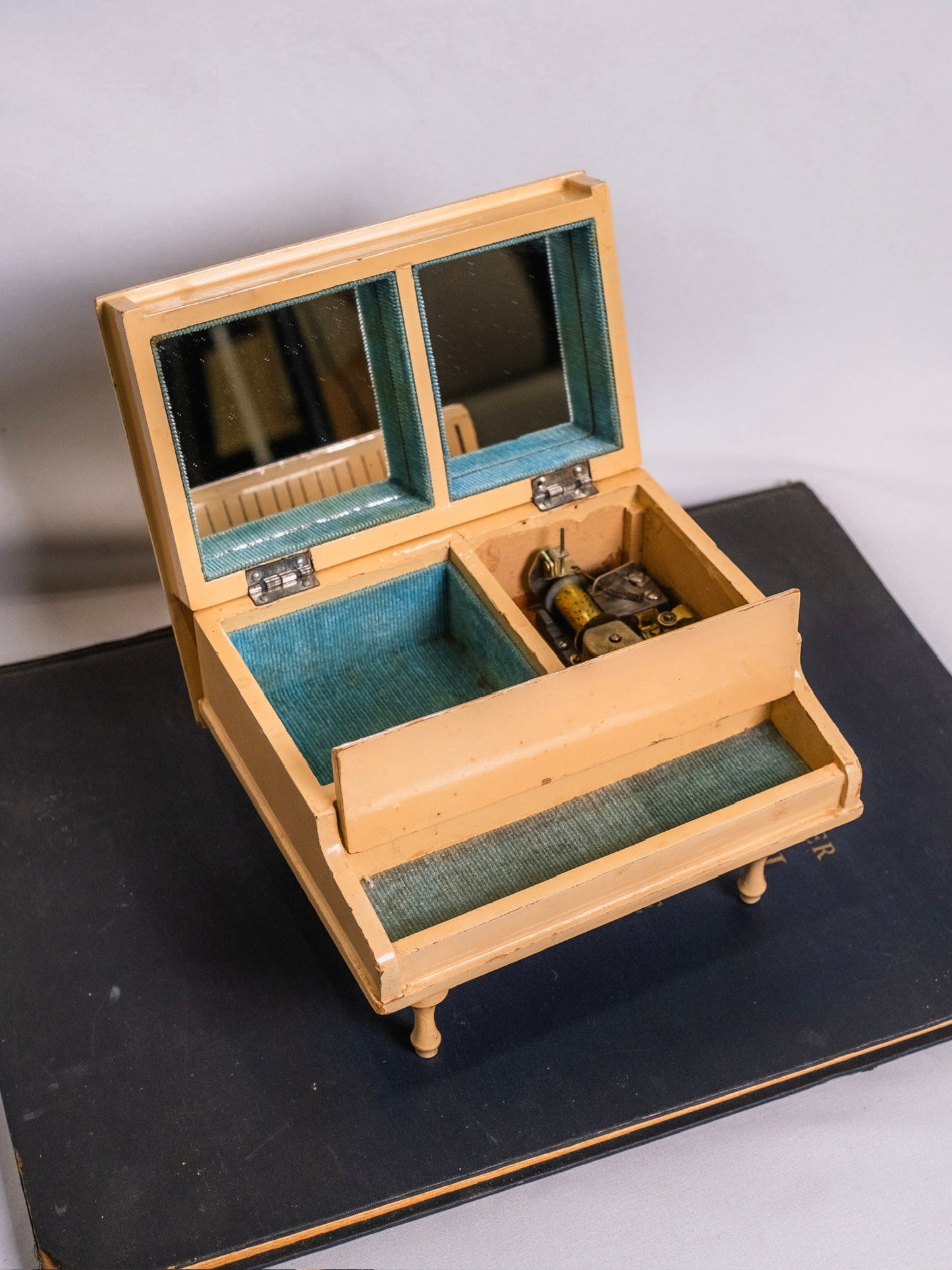 Vintage 1950s MCM Wooden Painted Piano Musical Jewelry Box