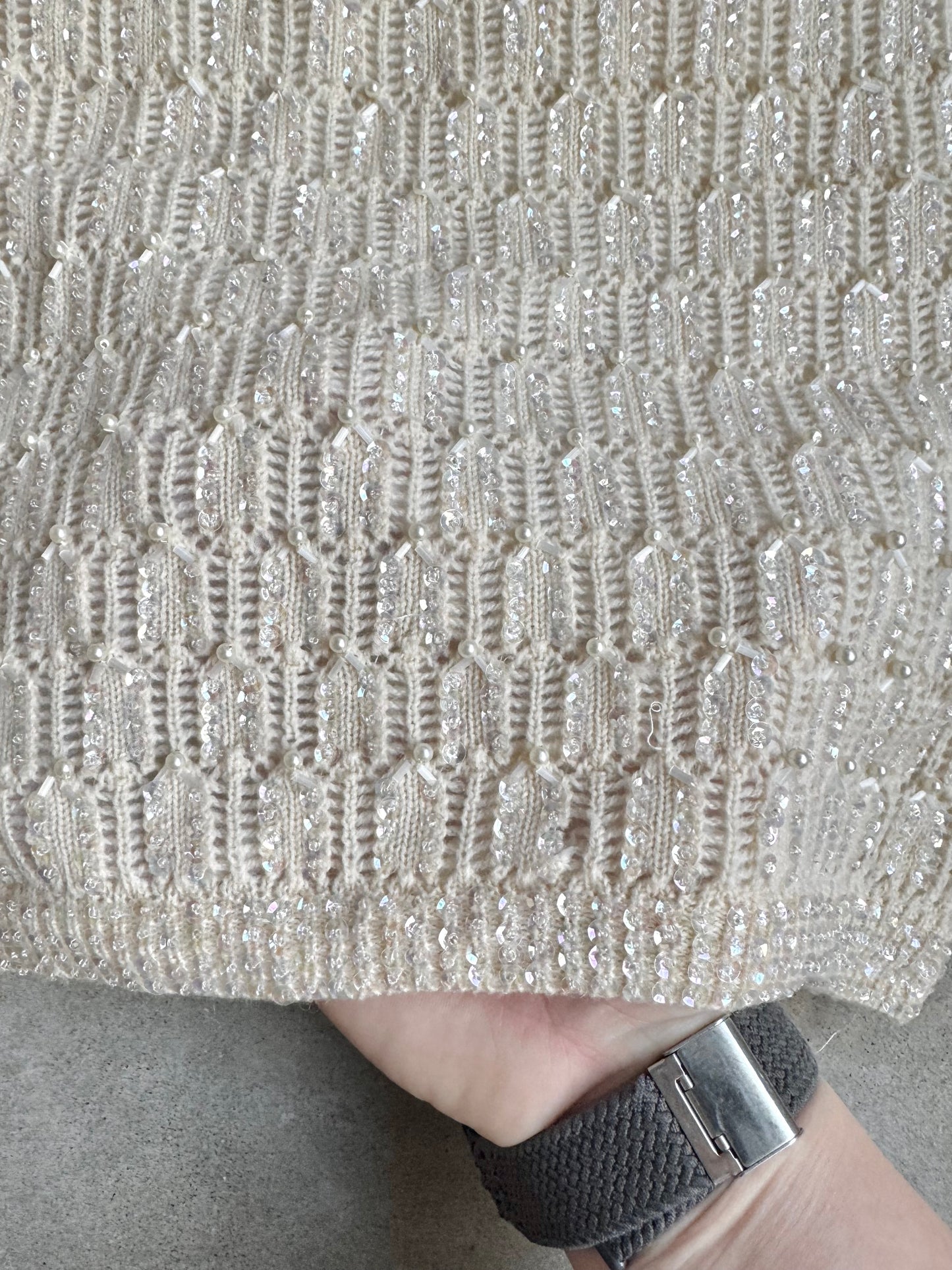 Vintage 1950s Peacock Sequin Beaded Cream Wool Knit Tank Top | Small