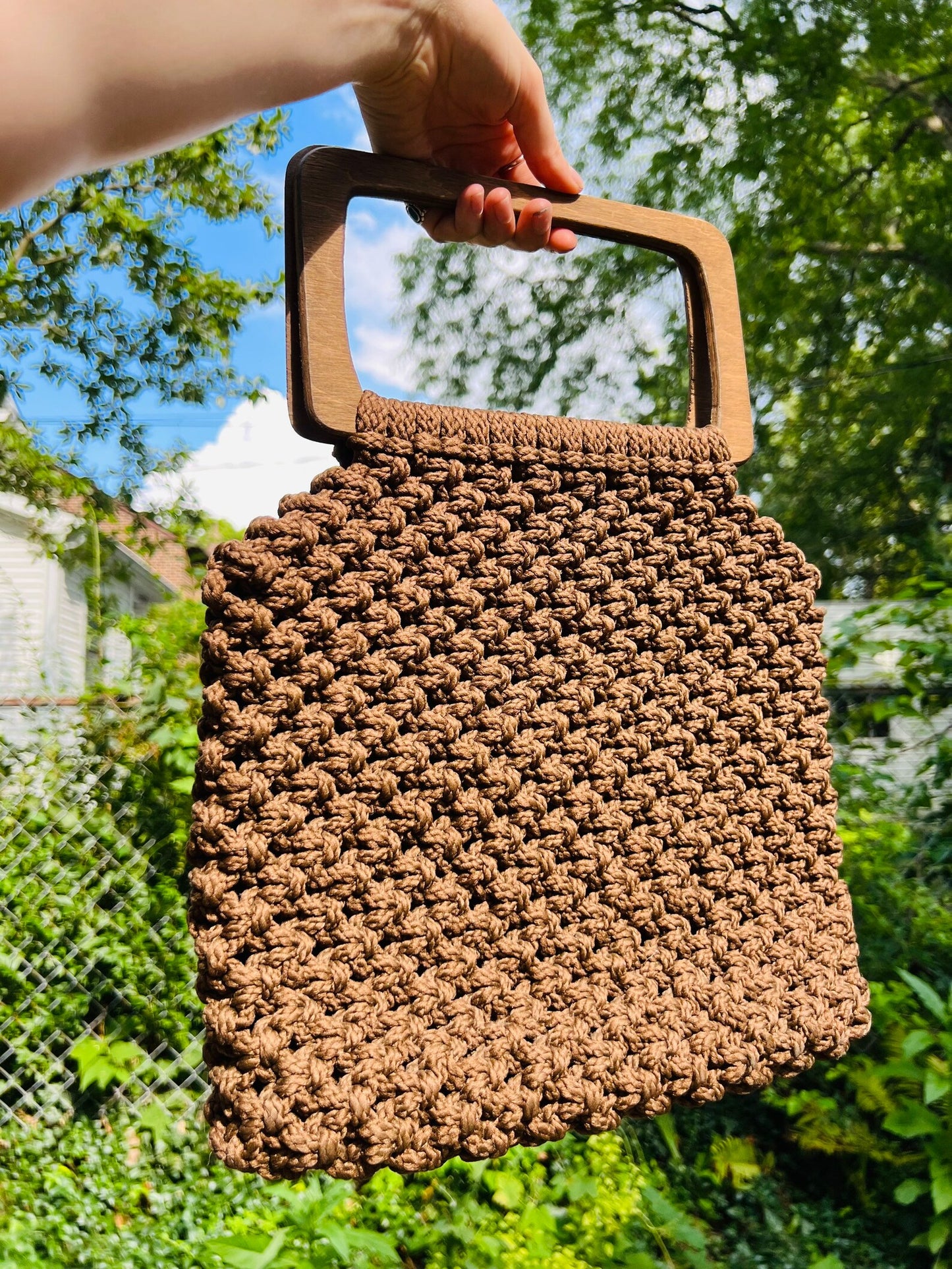 Vintage 1960s/70s Brown Macrame Wooden Handle Handbag Purse