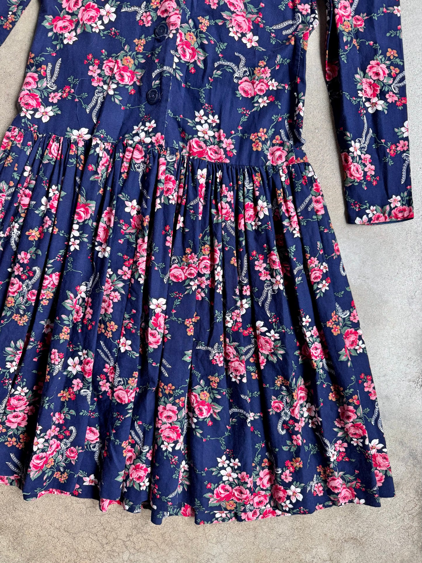 Vintage 1970s/80s Navy Floral Drop Waist Collared Dress | XS/S