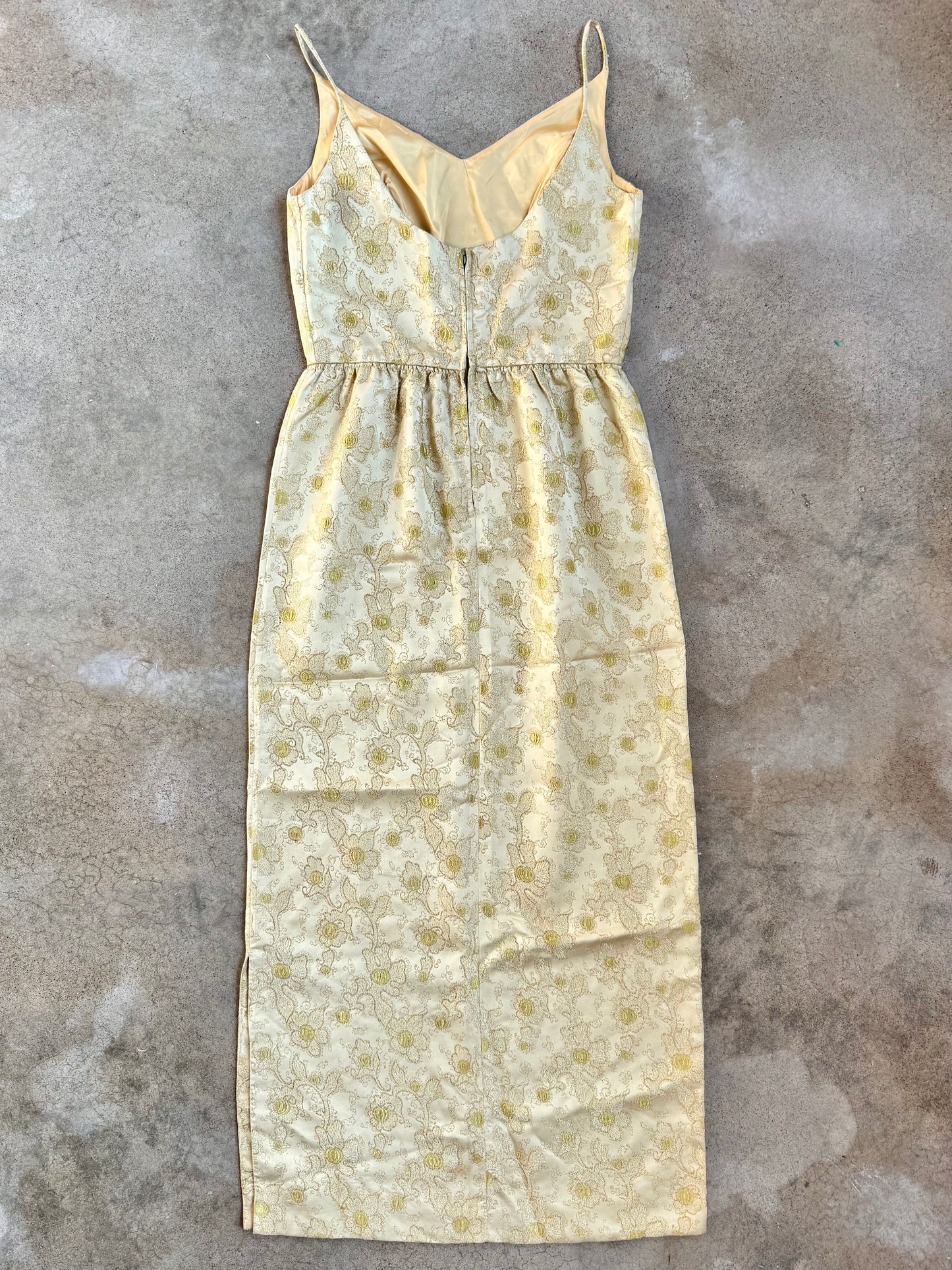 Vintage 1960s Gold Metallic Floral Jacquard Formal Dress | Medium