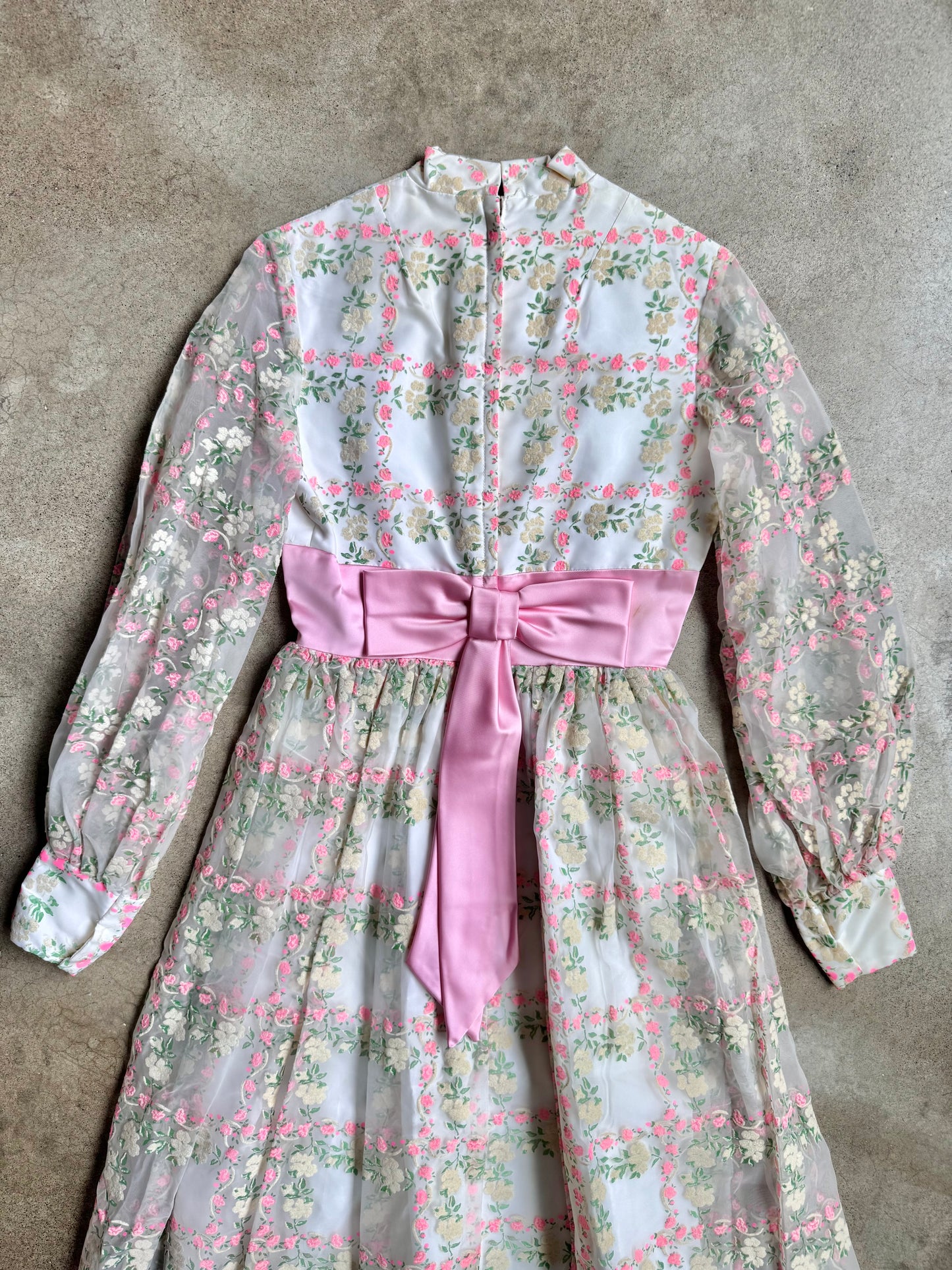 Vintage 1960s White & Pink Floral High-Neck Empire Waist Formal Dress | Small