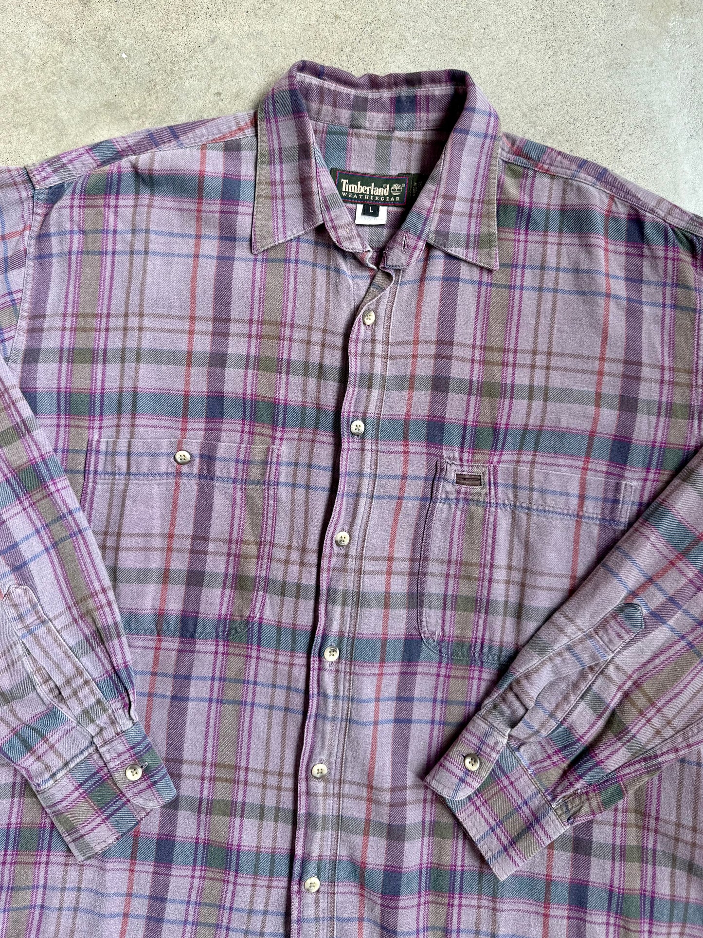 Vintage 1990s Timberland Purple Plaid 100% Cotton Button-Up Shirt | Large
