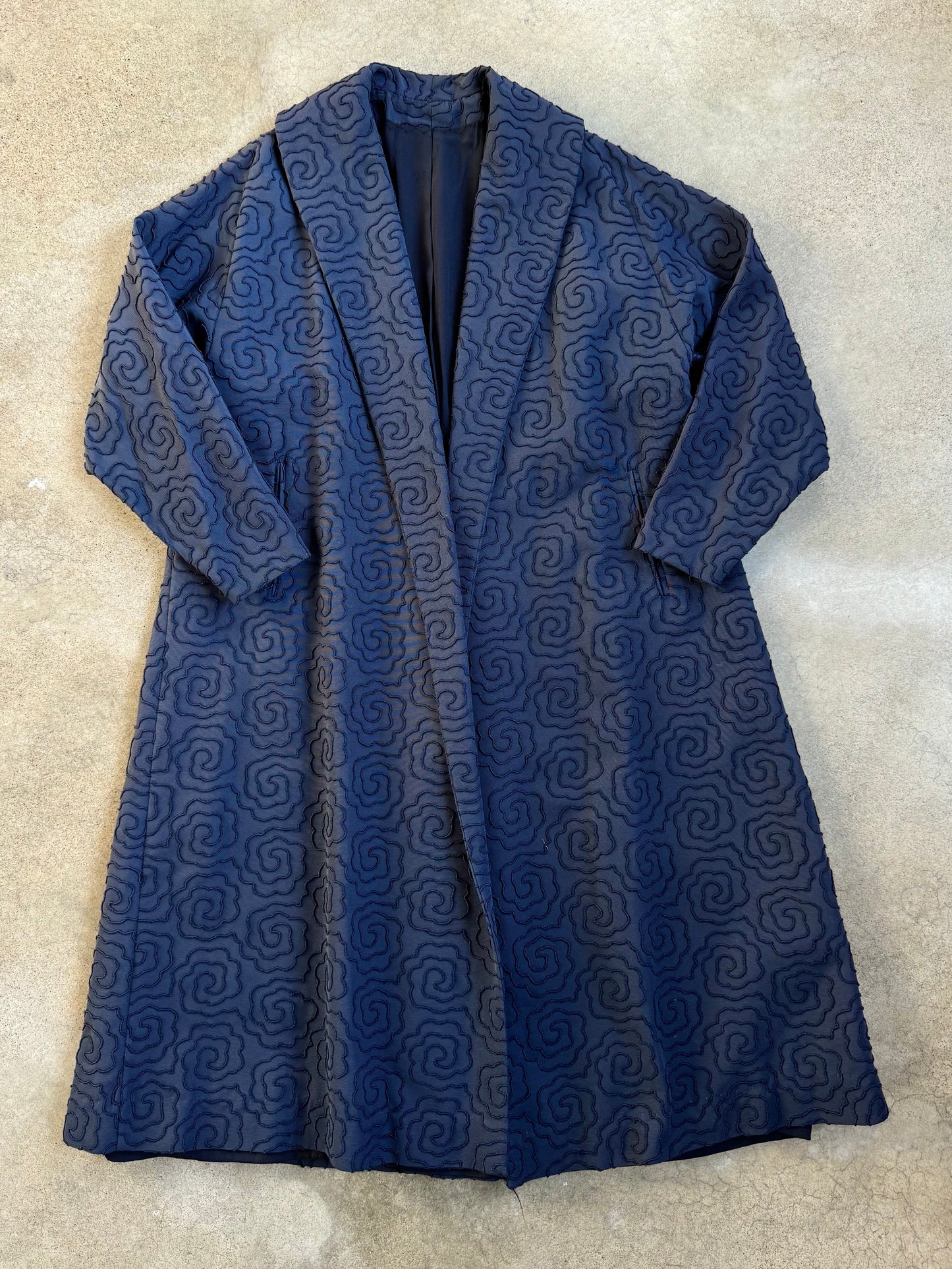 Vintage 1940s Navy Blue Crewel Embroidery Full-Length Swing Coat | Medium