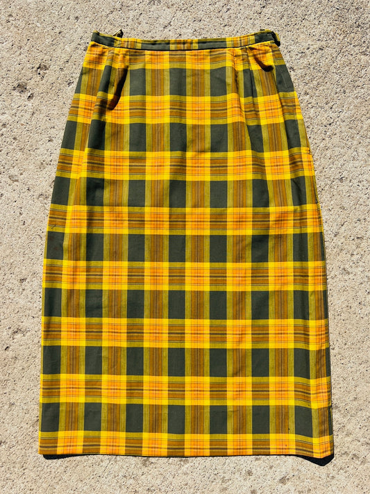 Vintage 1960s Orange Plaid Midi Skirt | Waist 26”