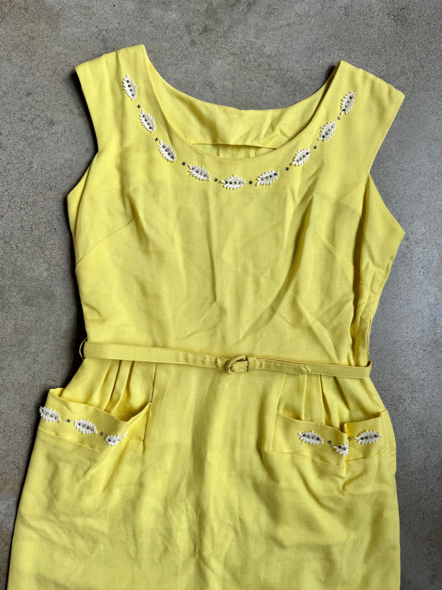 Vintage 1960s Handmade Yellow & White Embellished Trim Sleeveless Midi Dress w/ Belt | M/L
