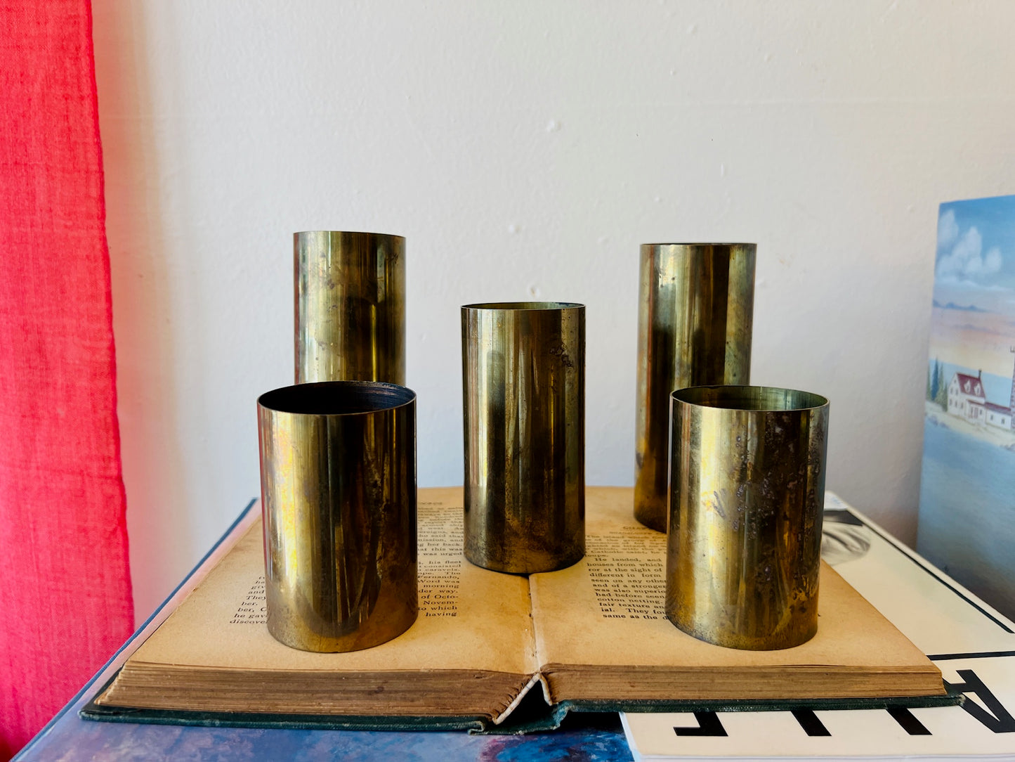 Vintage MCM 1950s Brass Cylinder Candle Holders | Set of 5