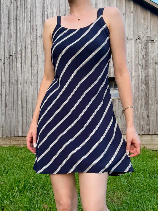 Vintage 1990s Ralph by Ralph Lauren Navy Striped Mini Dress | Small