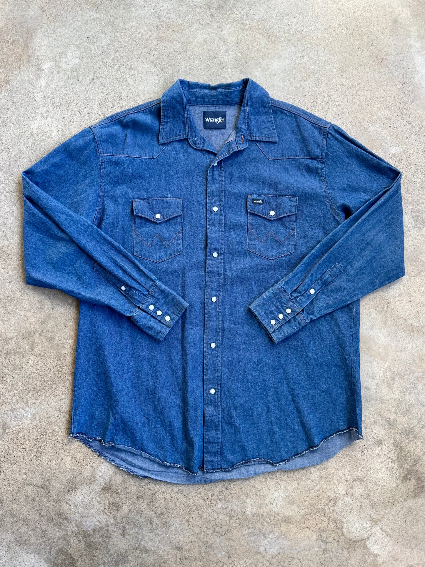Vintage 1980s Wrangler Western Pearl Snap Denim Shirt | XXL