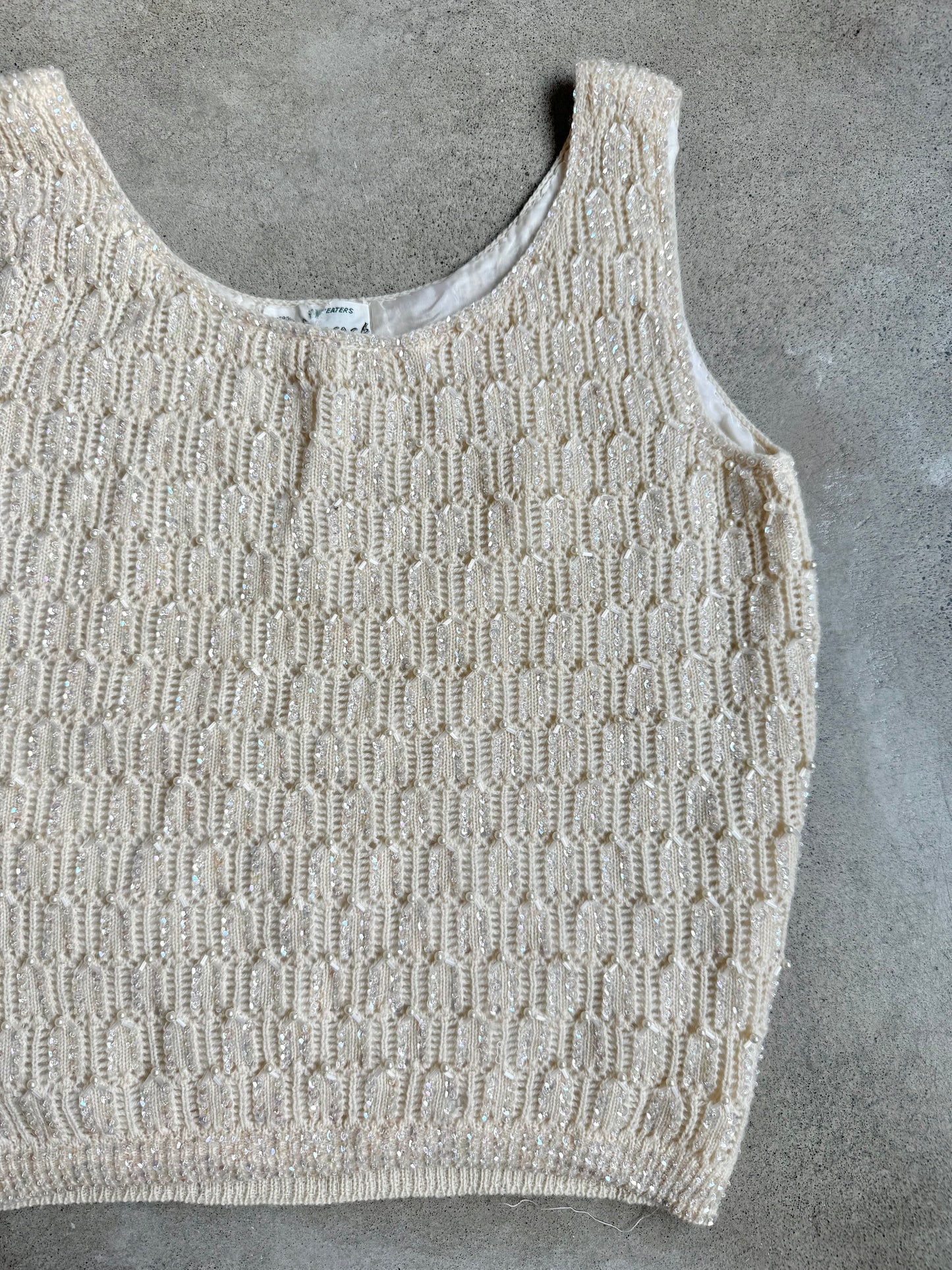 Vintage 1950s Peacock Sequin Beaded Cream Wool Knit Tank Top | Small