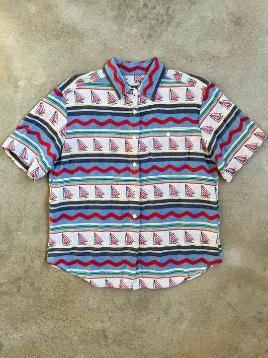 Vintage Striped Sailboat Pattern Short Sleeve Shirt | Large
