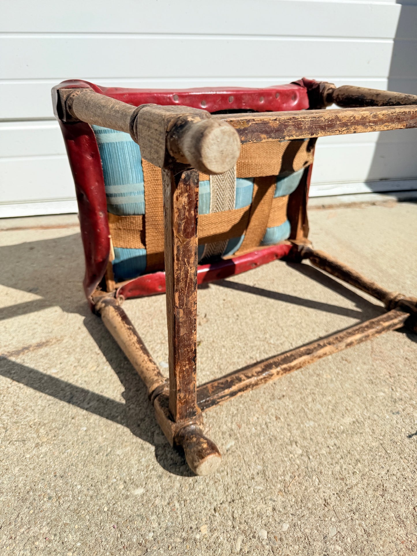 Antique French-Style Rustic Turned Leg Upholstered Footstool