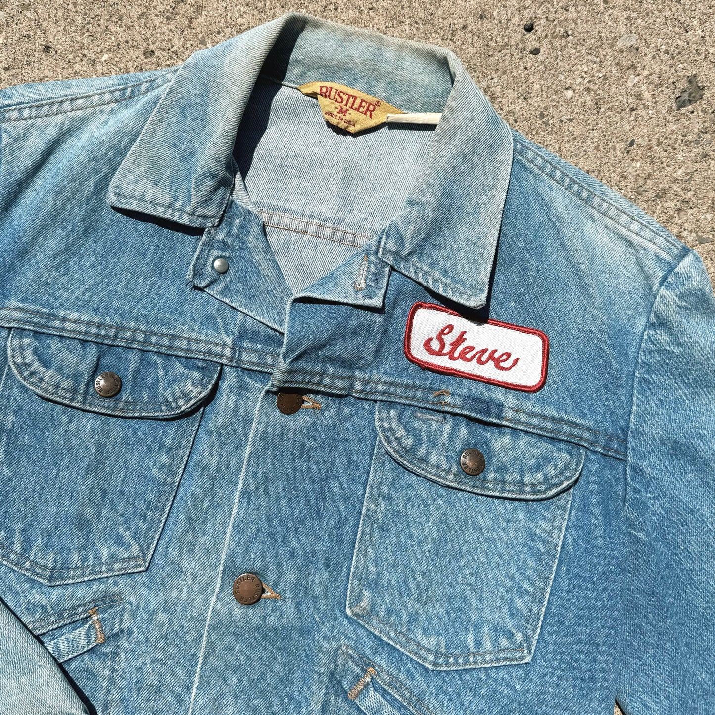 Vintage 1980s Rustler Steve Patch Denim Trucker Jacket | Medium