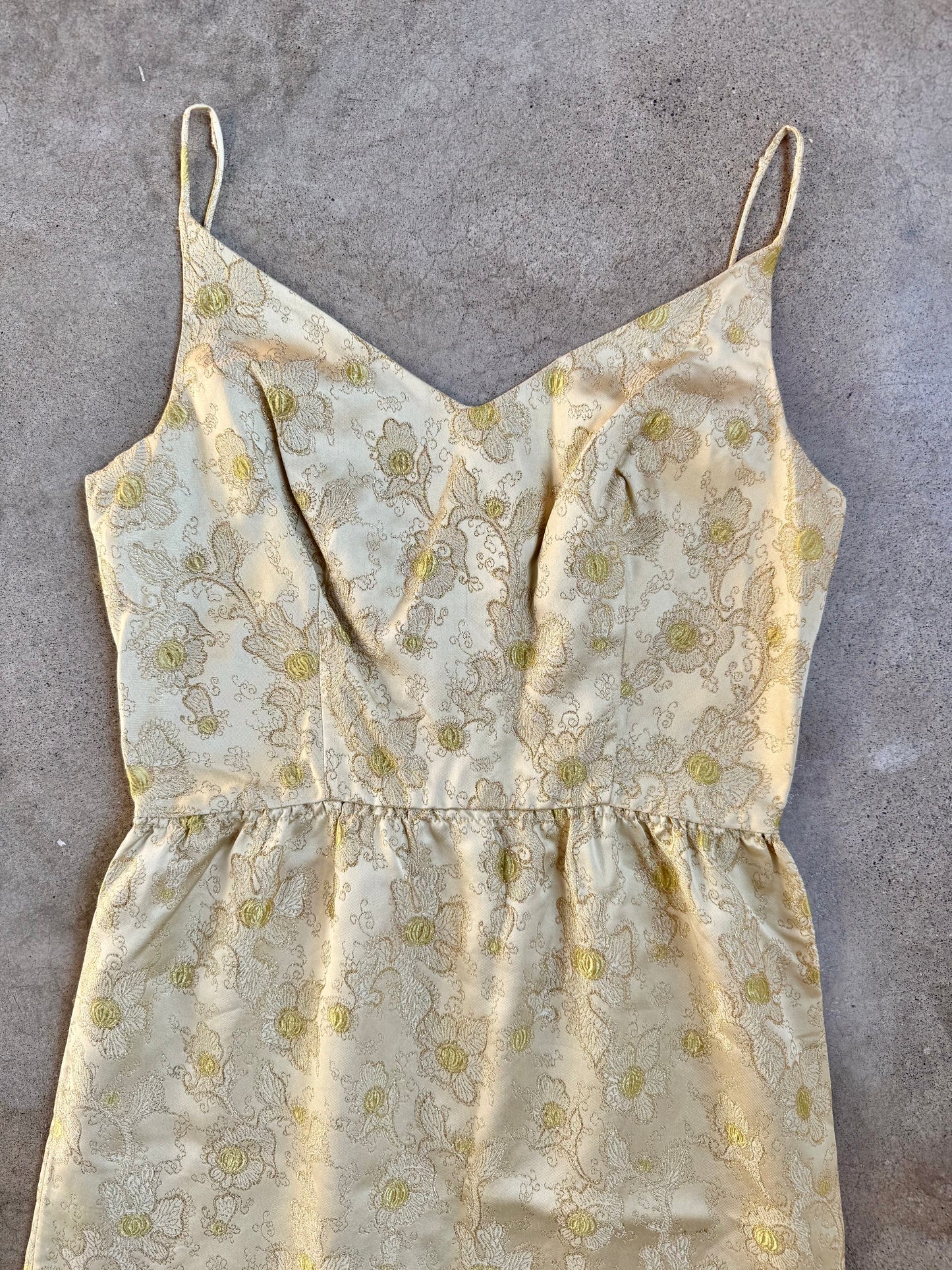 Vintage 1960s Gold Metallic Floral Jacquard Formal Dress | Medium