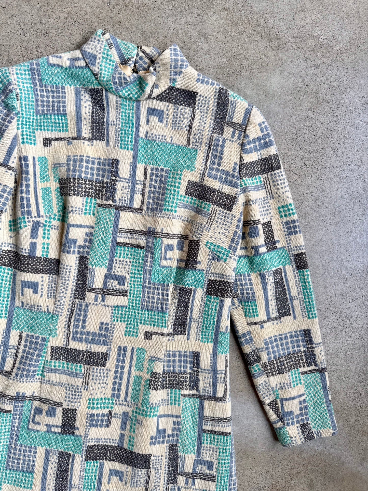 Vintage 1960s Mod Geometric Pattern High-Neck Long Sleeve Wool Dress | Medium