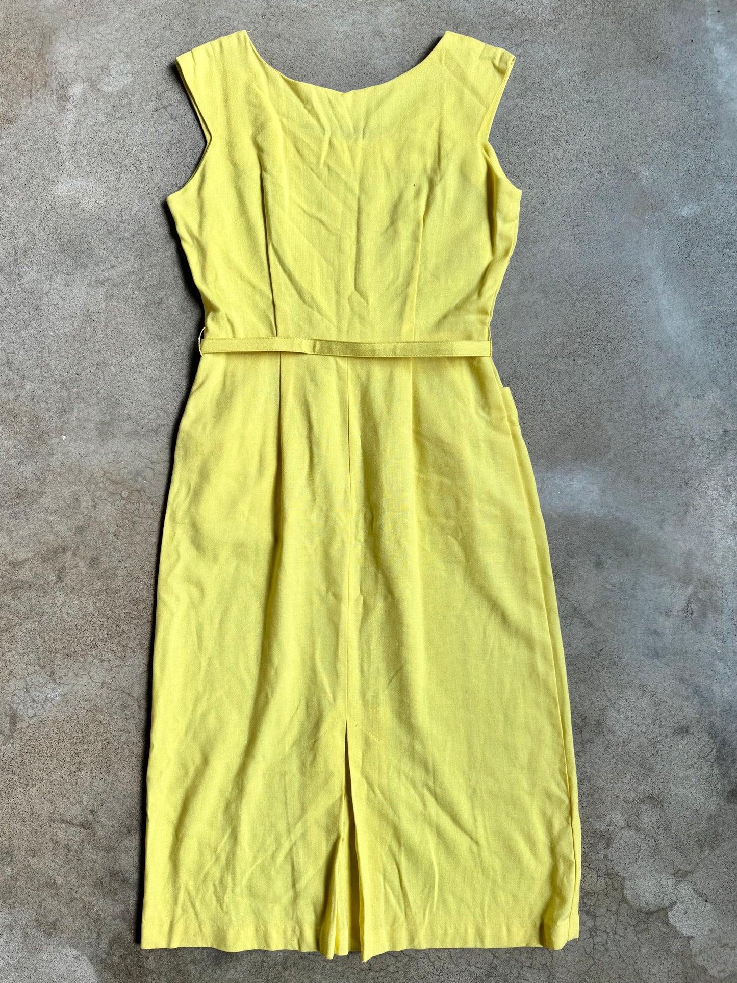 Vintage 1960s Handmade Yellow & White Embellished Trim Sleeveless Midi Dress w/ Belt | M/L