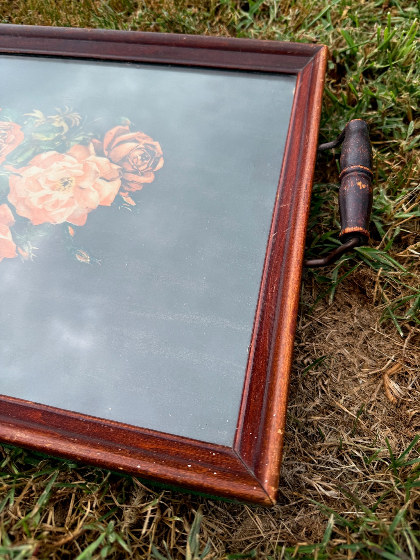 Vintage 1960s Wood & Glass Floral Print Serving Tray