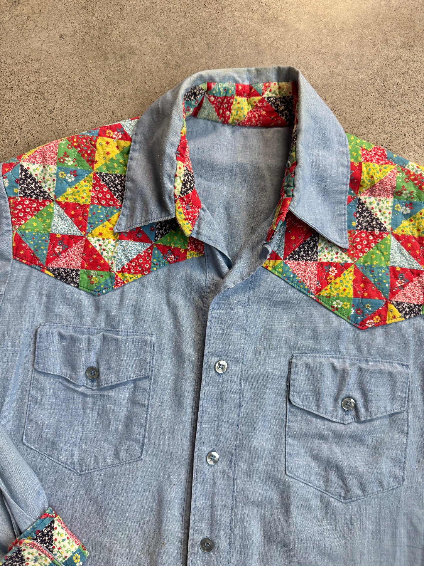 Vintage 1960s Handmade Quilted Patchwork Chambray Button-Up Shirt | Medium