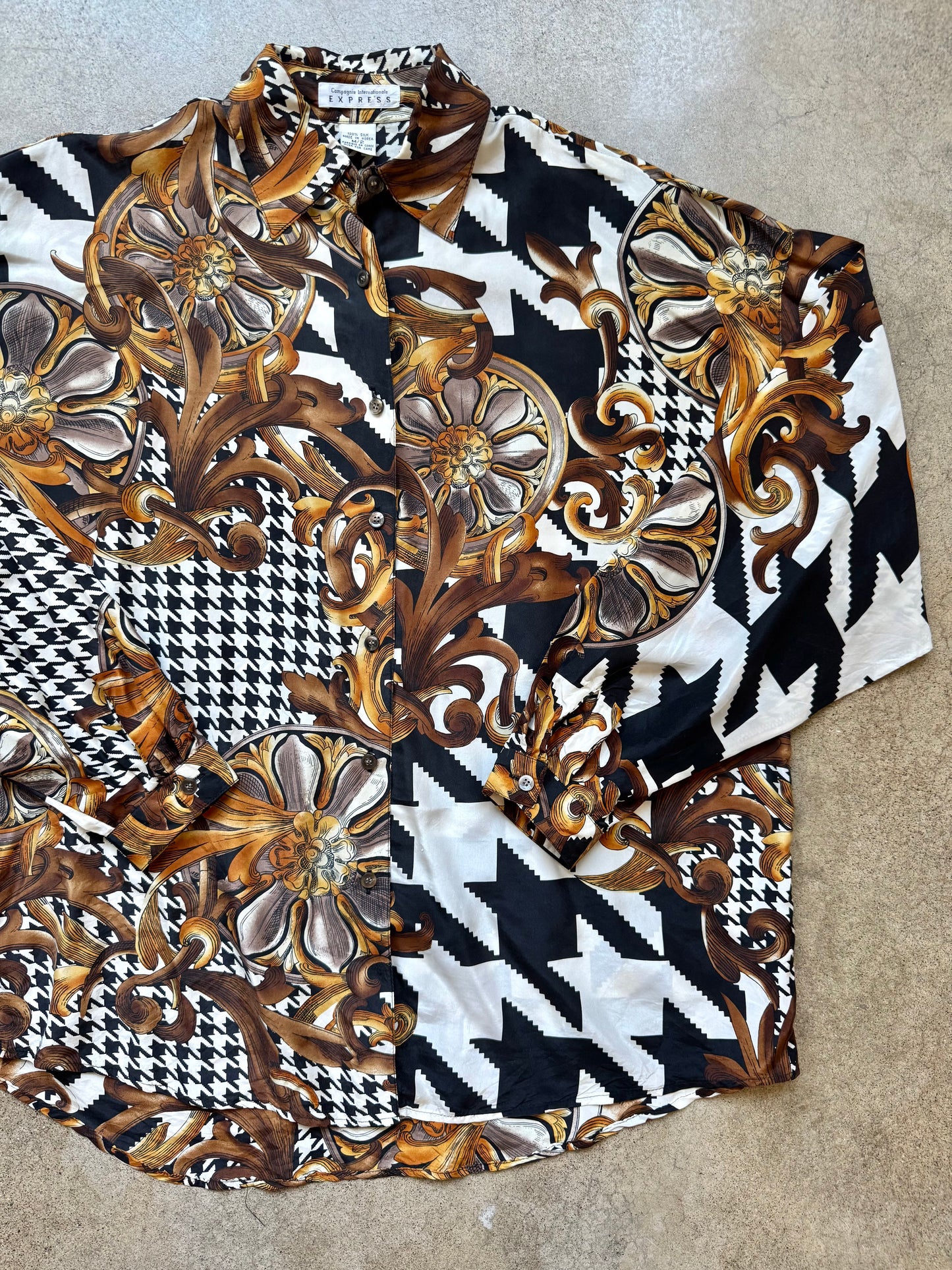 Vintage 1980s/90s Express Baroque Houndstooth Printed Silk Blouse | Medium