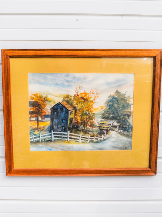 Vintage 1970s Framed & Signed Farm Landscape Watercolor Artwork