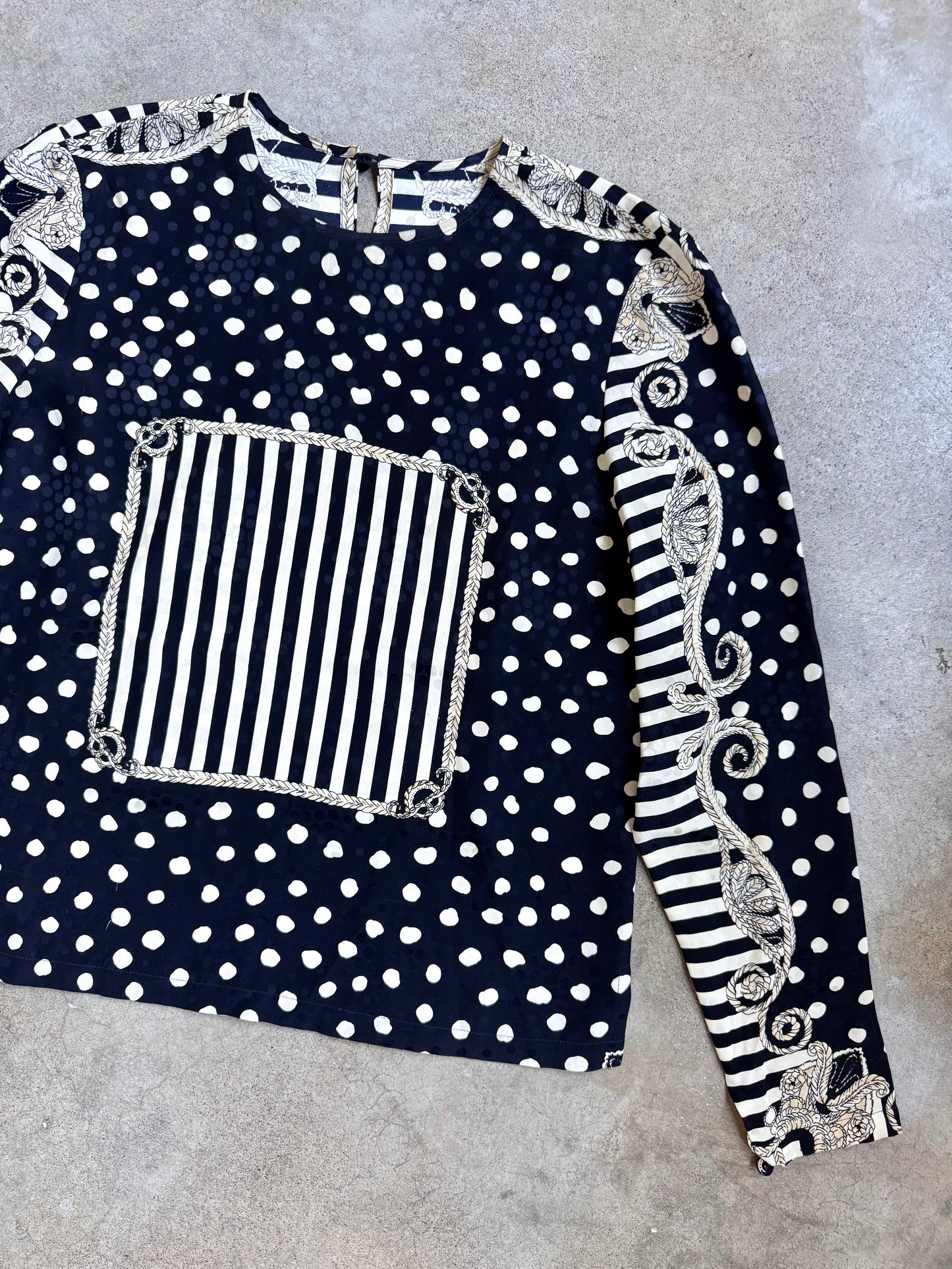 Vintage 1980s Polka Dot Rope Print 100% Silk Blouse | S/M