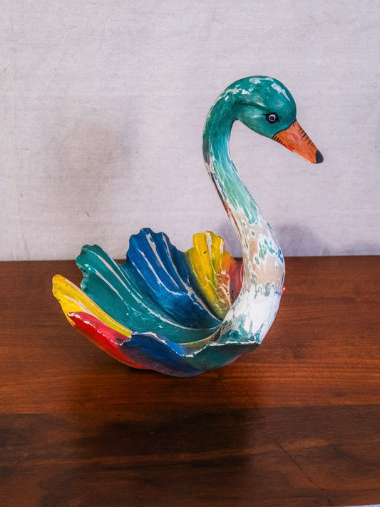Vintage Wood-Carved Mexican Folk Art Painted Swan Bowl