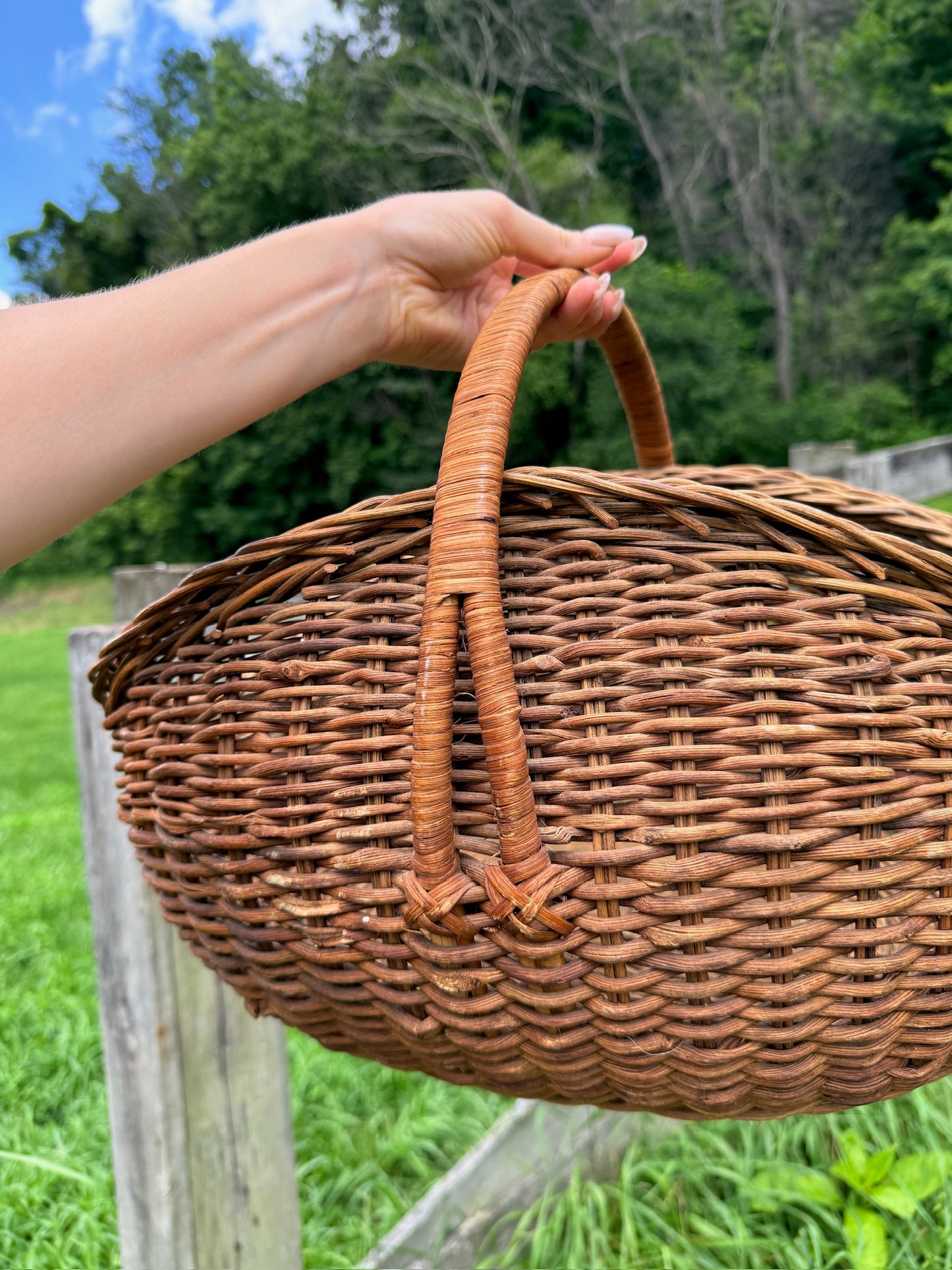 Vintage 1950s Handwoven Top Handle Harvest Basket