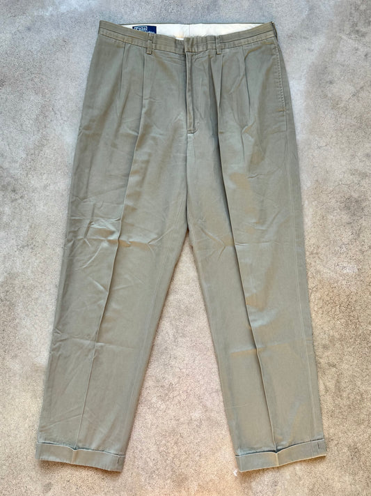 Vintage 1990s Polo Ralph Lauren Khaki Green Cotton Pleated Trousers | 36x32