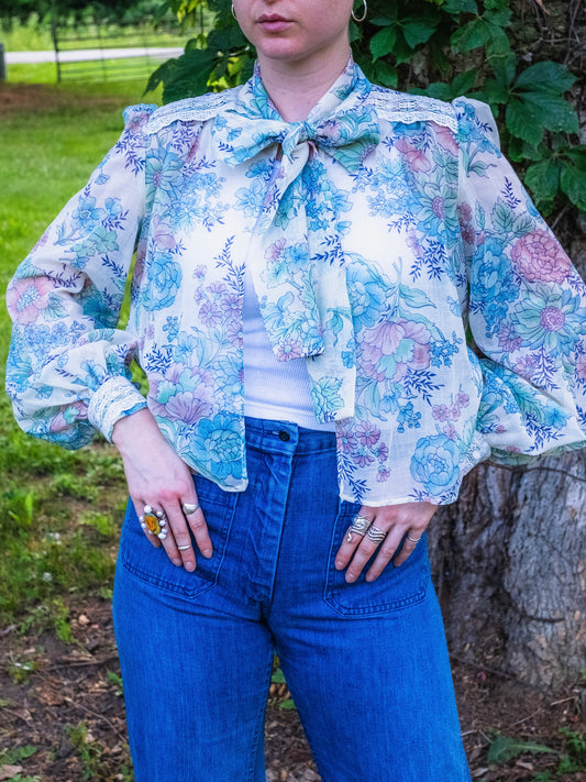 Vintage 1980s Infinity Floral Print Pussy-Bow Sheer Jacket | Small