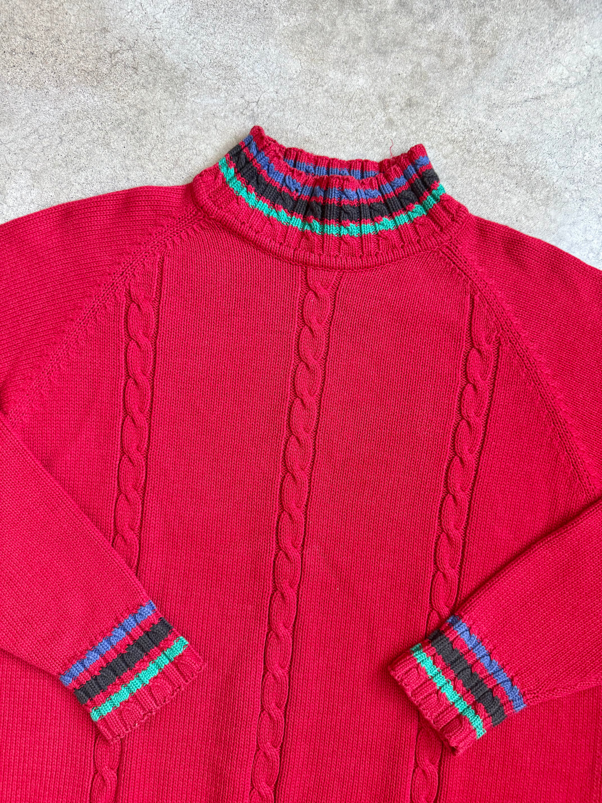 Vintage 1980s Russ Red Striped Mock Neck Cotton Sweater | XL