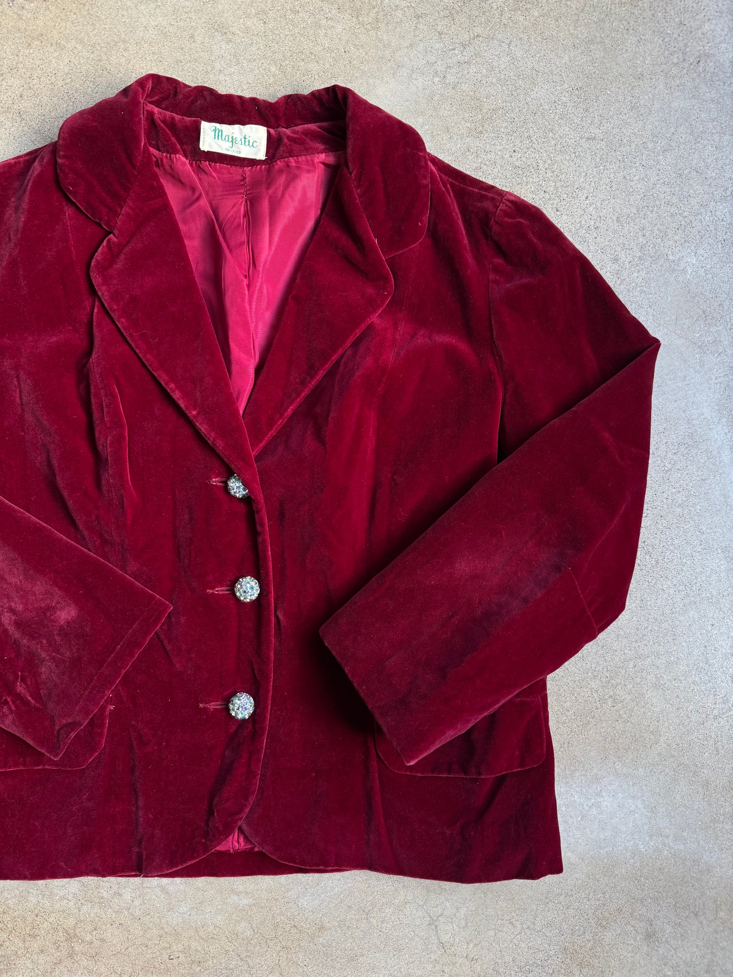 Vintage 1950s Majestic Red Velvet Rhinestone Button Blazer | Small