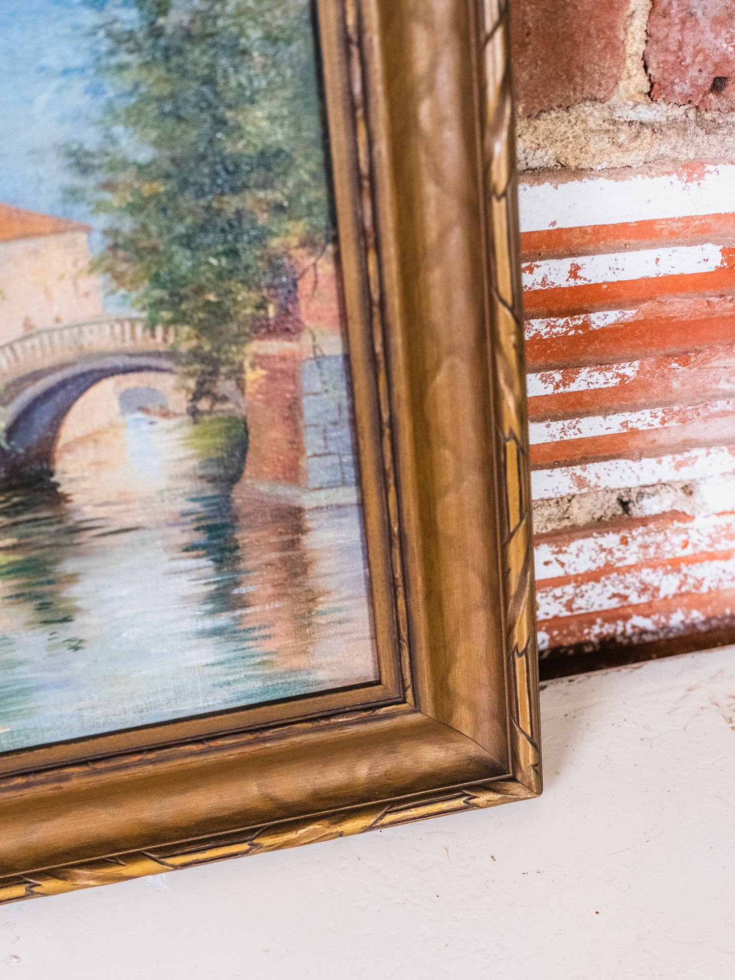 Antique 1920s Framed Venetian Canal Landscape Oil Painting
