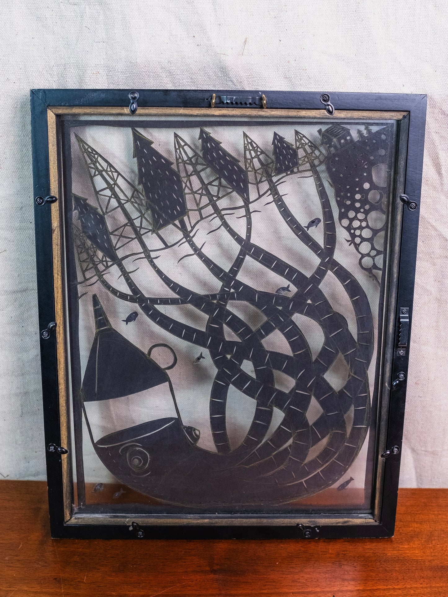 Vintage Framed Papercut Shadowbox "Cyborg Octopus" Silhouette Artwork