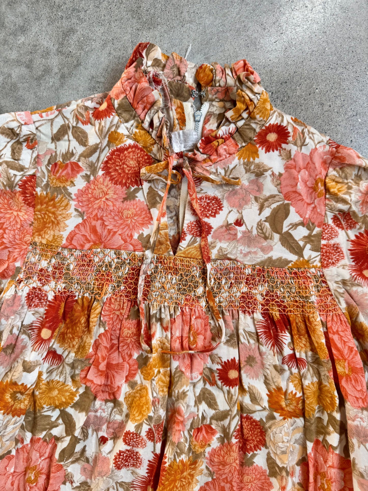 Vintage 1960s Orange Floral Smocked Long Sleeve Midi Dress | XS/S