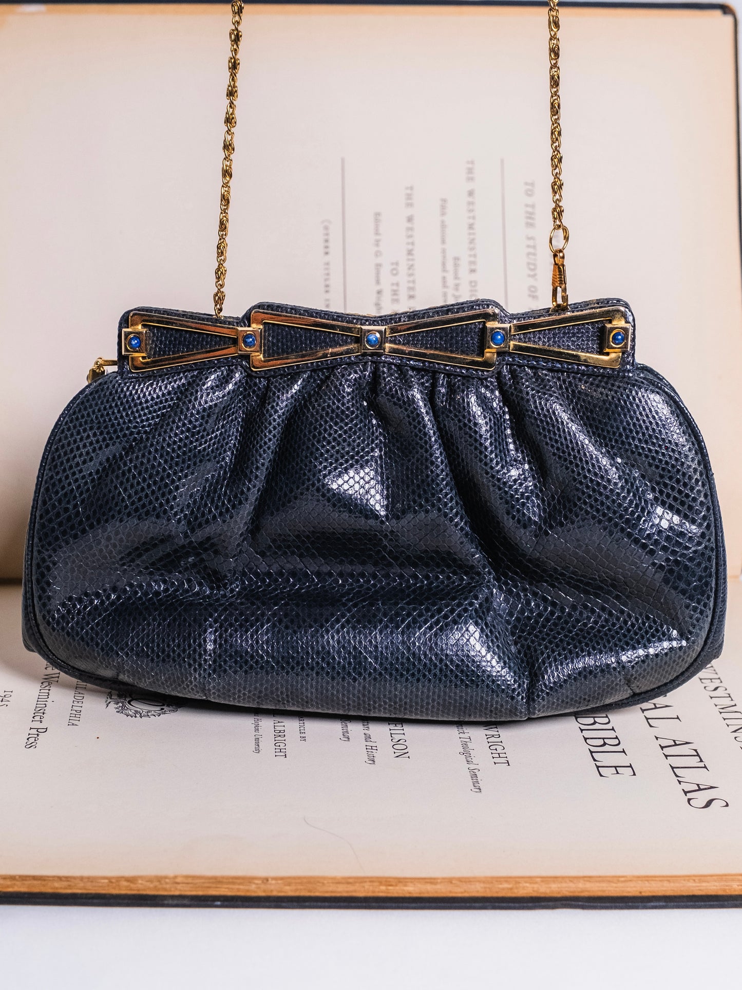 Vintage 1980s Ashneil Navy & Gold Accent Clutch Evening Bag