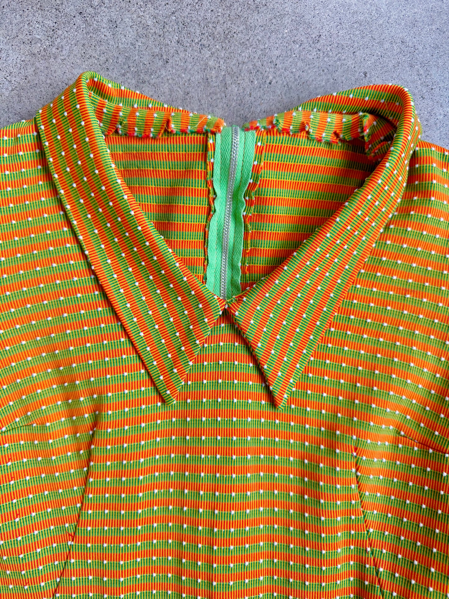 Vintage 1960s Handmade Orange & Green Striped Collared Midi Dress | Small