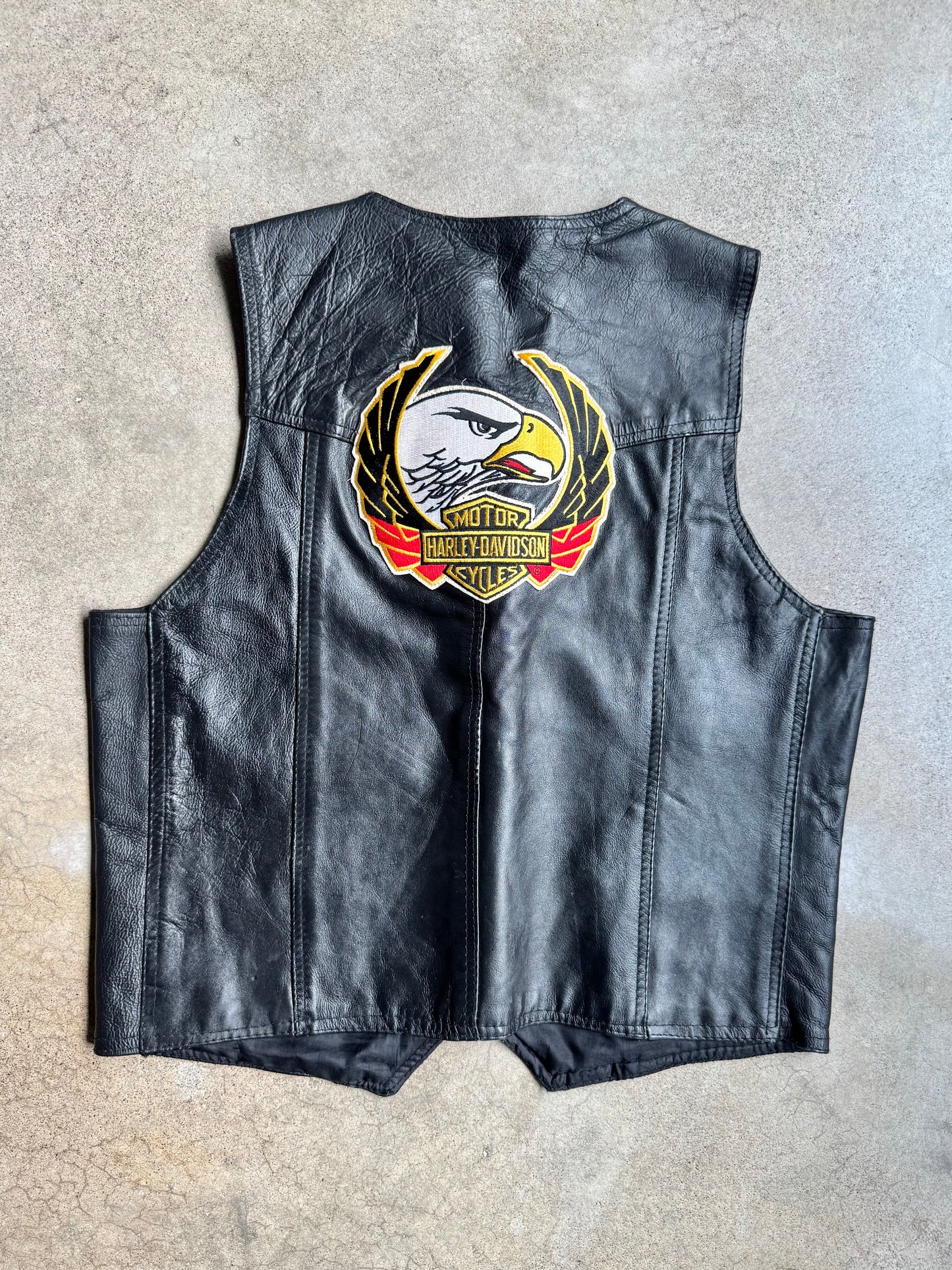 Vintage 1980s Black Leather Harley Davidson Patched Riding Vest | 46