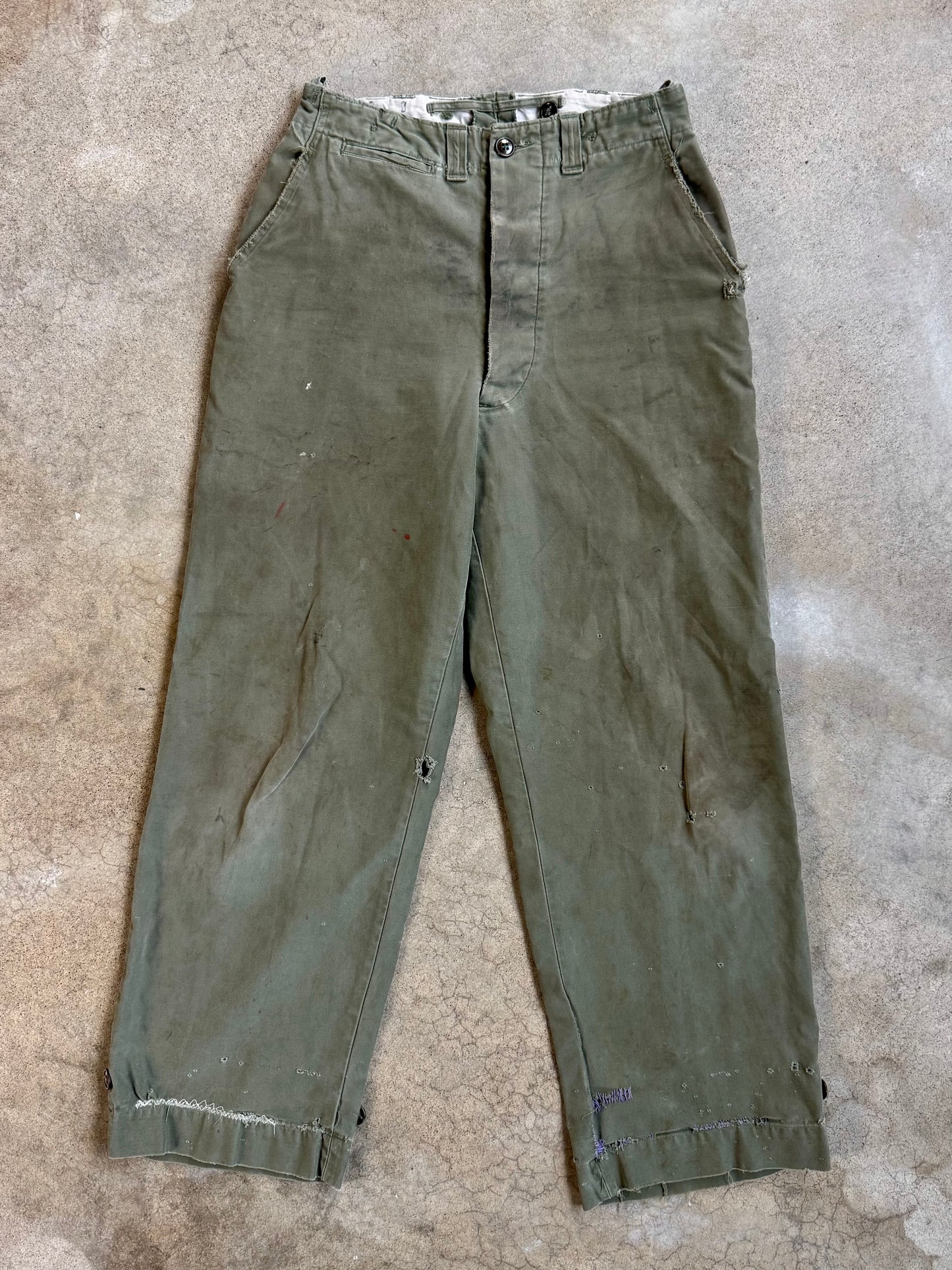 Vintage 1940s WW2 U.S. Military Distressed Cotton Field Trousers | Waist 30”
