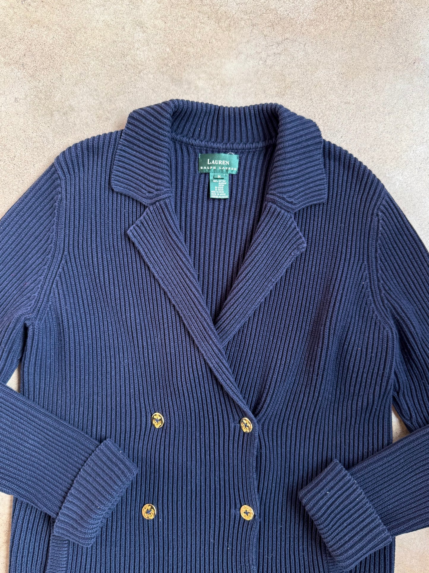 Vintage 1990s Lauren Ralph Lauren Navy 100% Cotton Knit Nautical Cardigan | Medium