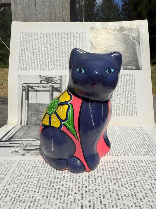 Vintage 1970s Terracotta Hand-Painted Cat Statue
