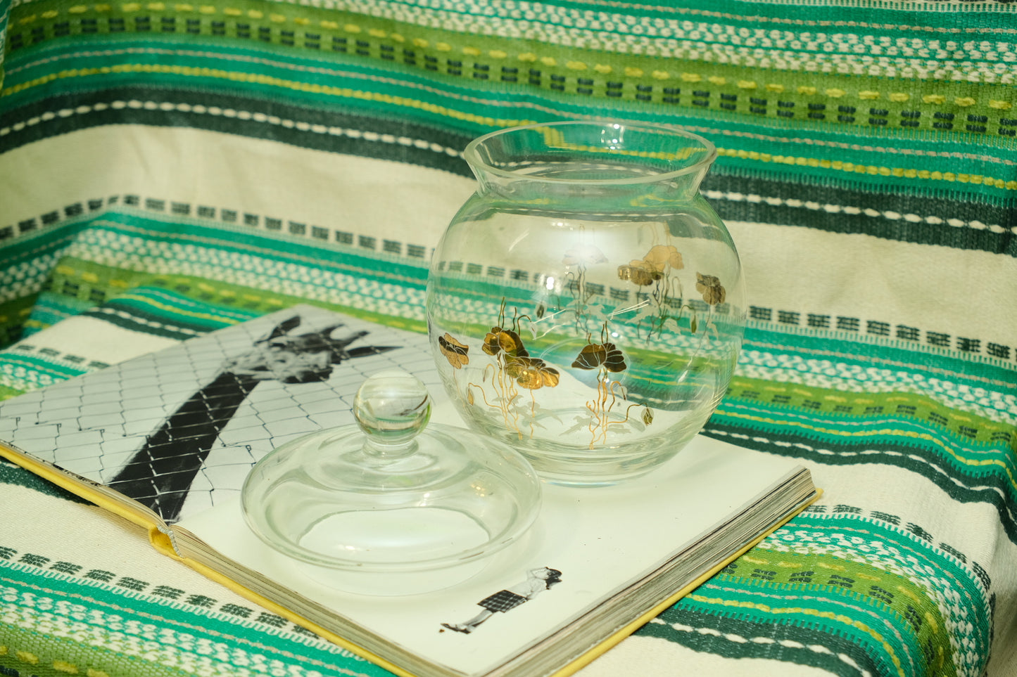 Vintage MCM Gold Flower Motif Glass Cookie Jar