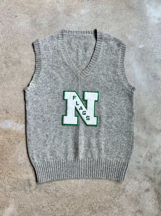 Vintage 1960s Grey Wool "N Flags" Letterman Patch Sweater Vest | Large