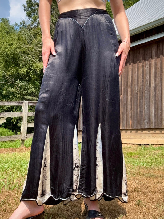 Antique 1920s Black & White Hand-Embroidered Silk Wide Leg Pants | Medium