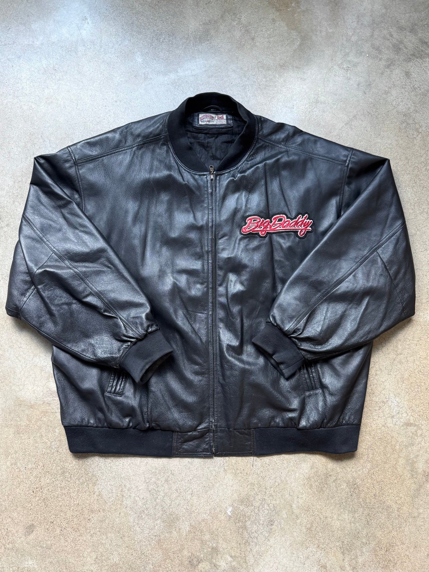Vintage Big Daddy Embroidered Black Leather Bomber Jacket | 5XL