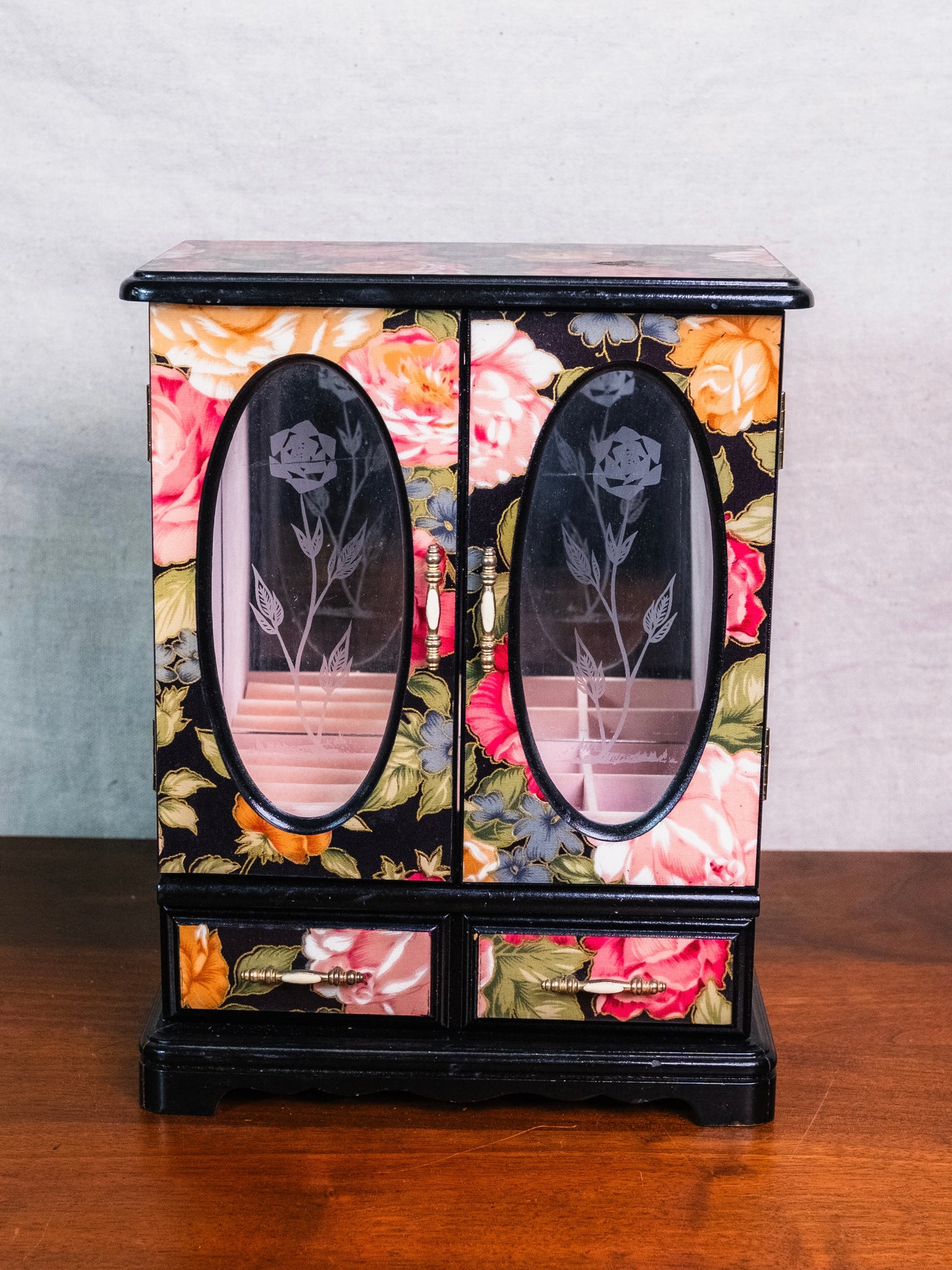 Vintage 1980s Black & Pink Floral Pattern Lacquered Jewelry Box