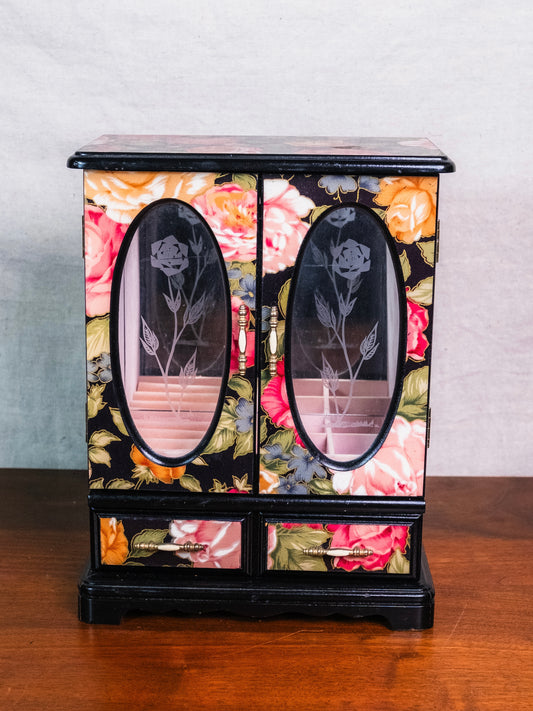 Vintage 1980s Black & Pink Floral Pattern Lacquered Jewelry Box